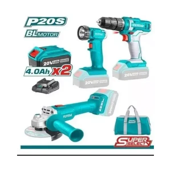 Descubre el KIT TALADRO + ESMERIL + LAMPARA  20V TOTAL: una solución práctica, moderna y accesible.