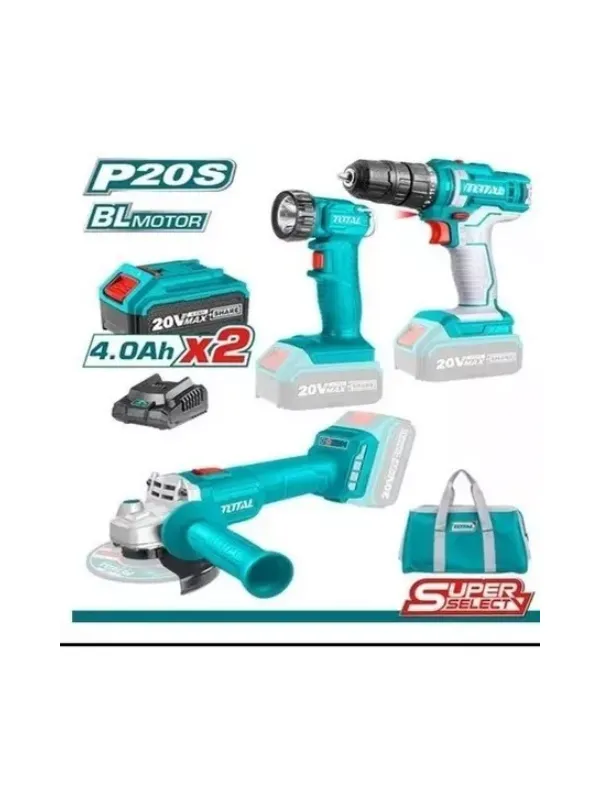 Descubre el KIT TALADRO + ESMERIL + LAMPARA  20V TOTAL: una solución práctica, moderna y accesible.